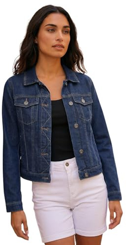 Roman Originals Jean Denim Jacket for Women UK Ladies 100% Cotton Summer Casual Stretch Crop Smart Utility Trucker Biker Fitted Vintage Wash Faded Classic Work Twill - Indigo - Size 18