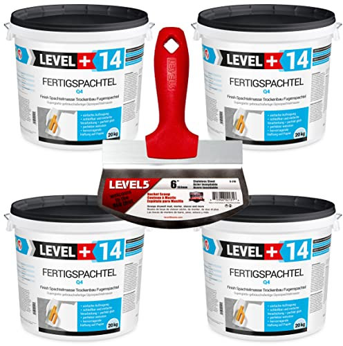 Fertigspachtel Spachtelmasse 80 kg Glättspachtel Fugenspachtel Reinweiss Weiß + Eimerschaber Reiniger Edelstahl Set RM14/5-210