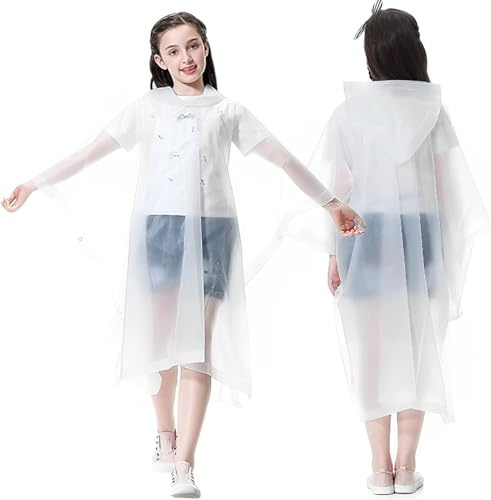 Rain Ponchos Raincoats for Kids, 2 Pack Emergency Rain Jacket with Hood for Boys Girls Disney Travel Outdoors, White