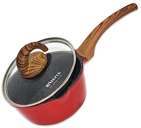 MINLUFUL Nonstick Saucepan with Lid, 1.8 Quart Classic Red Granite Coated Pasta Soup Pot for All Stovetops, 7 Inch Small Sauce Pan for Cooking Sauce Soup and Milk