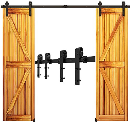 WOLFBIRD 457cm/15ft Schiebetürbeschlag Set Schiebetürsystem mit Bodenführung für Doppeltüren - Türbenutzung | Laufschienen für Schiebetüren - J Shape Aufhänger Set