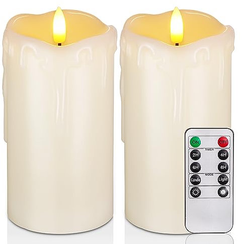 Homemory Flickering Flameless Candles, Realistic LED Candle with Remote and Timer, Real Wax Battery Operated Candles, Ivory (Tropfende Wachs, 2er-Set)