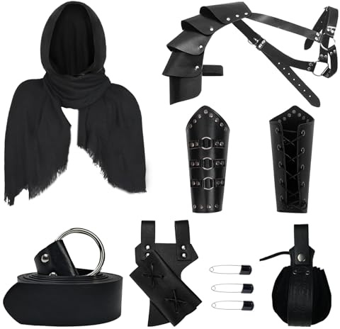 YRTBGD Mittelalterliches Ritterkostüm Zubehör Set mit Mittelalterlichem Gürtel Retro-Kopftuch Steampunk-Schulterpanzer Armschützer Gürteltasche Schwert Frosch für Halloween