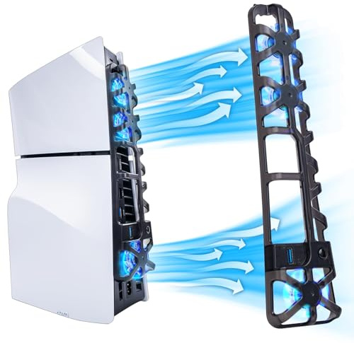 PS5 Silm Console Cooling Fan, HEATFUN Horizontal Cooling Fan for PS5 Slim, Upgraded Quiet Cooler Fan with LED Light and USB3.0 Hubs, for PS5 Slim Disc/Digital Edition Console - Black
