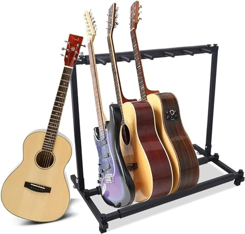 HINOPY 5-Fach Gitarrenständer, Universal Tragbar Gitarrenständerhalter Mehrsitziger Gitarren Display Ständer für Akustik, E-Gitarre, Akustikbass, Gitarrensammler Geschenk (Schwarz)