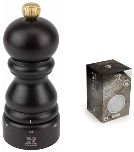 Peugeot Paris U'Select Moulin à Sel Bois Chocolat 12 cm+Sélection Epices - Sel Gemme Blanc - Gros Sel De Cuisine - Salinité 7 - Origine Allemagne - Innovation Sachets Fraîcheur Triple Protection