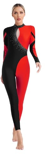 CHICTRY Gymnastikanzug Damen Ganzkörper Langarm Tanzanzug Strass Glitzer Tanzbody Farbblock Patchwork Trikotanzug Leotard Mit Cut Out Tanzkleidung