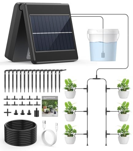 Irrigazione Automatica Solare, IP65 Sistema di Irrigazione Energia Solare per Giardino con Timer Programmabile, LCD Schermo, Irrigazione Solare per 15 Piante in Vaso di Irrigazione