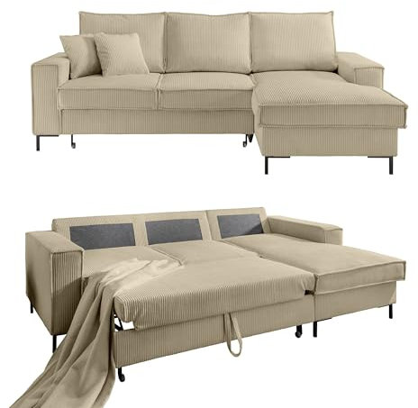 Modernes Cord EcksofaB240/T150/H92 cm mit Schlaffunktion und Bettkasten, Wellenunterfederung, L-Couch mit Recamiere rechts, Liegefläche 125x198 cm, Cord-Bezug in Beige Grau / 17220