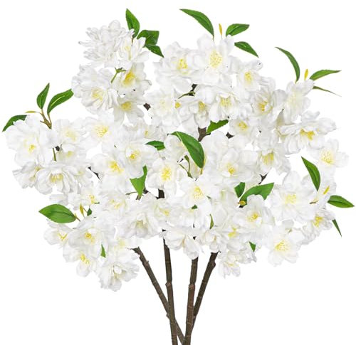 Oairse 4 Pcs Artificial Cherry Blossom Branches 15.7 Fake Silk Flower Peach Blossom White Faux Apple Blossom for Vase For Floral Arrangements Home Wedding Bouquets Table Centrepiece Decoration