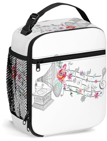Oudrspo Musik-Lunchbox für Damen – Stil Grammophon-Plattenspieler, wiederverwendbare Lunchtasche für Herren – isolierte kleine Lunchbox fürs Picknick bei der Arbeit, Grau Rosa