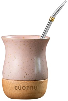 Cuopru Taza de cerámica Yerba Mate de 237 ml con base de madera original, incluye calabaza mate, bombilla y cepillo de limpieza - Perfecta para yerba mate tradicional y taza de estilo moderno (Rosa)