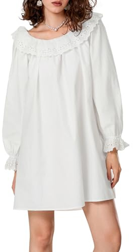 FeMereina Womens Long Puff Sleeve Mini Dress Flowy Y2k Ruffle Lace Trim Babydoll Lace Trim Embroidered A Line Dresses (White, M)