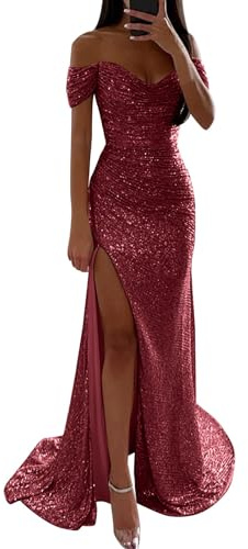 Glitzer Off Shoulder Abendkleid Damen Lang,Glitzer Kleid Damen,Damen Abendkleider Elegant für Hochzeit Sexy A Linie Elegant Paillettenkleid mit Schlitz Mode Abendkleider Lässig Locker Partykleid