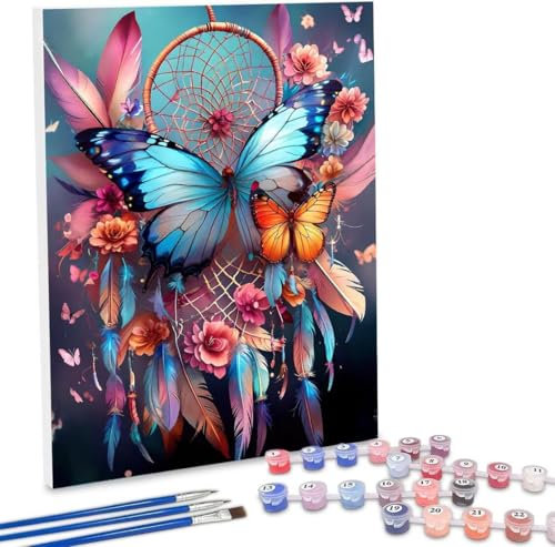 Malen Nach Zahlen Erwachsene, DIY Malen Nach Zahlen Handgemalt Ölgemälde Kit für Anfänger und Erwachsene, Butterfly Traumfänger Malerei Bastelset, Wohnwanddekor Mit Acrylfarben Pinseln 20x30cm F-210