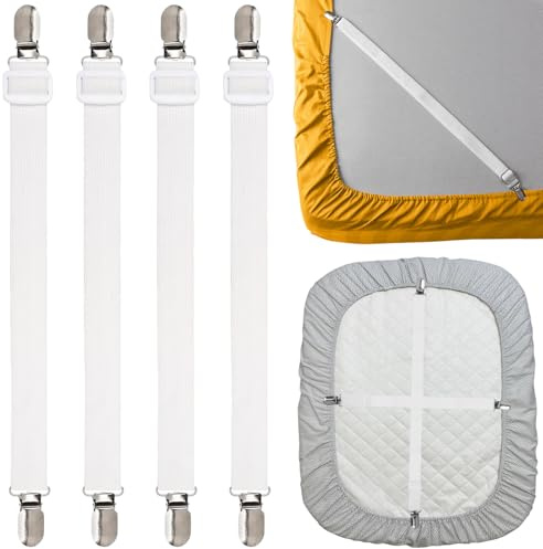 FUKPO 4 Pièces Tendeur Drap Housse, Réglable Sangle Elastique pour Fixage Maintien Attache Drap de Lit Matelas Housse avec Pince Blanc(56-120CM État Non étiré)
