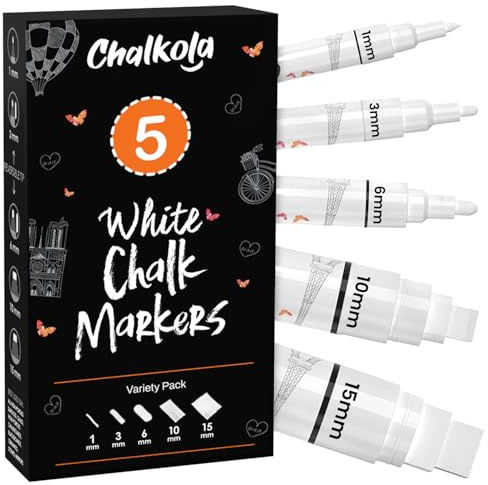 Chalkola 5 Kreidestifte Für Tafel Abwaschbar, Kreidestift Weiß Fenster | 5er Set Dünn Fein Bold Jumbo (1mm 3mm 6mm 10mm 15mm), Glasstifte & Tafelstifte, Kreidemarker für Fenster, Fenstermalstifte