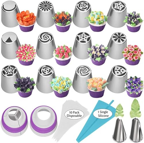 Piping Bags and Tips Set, Piping Bags and Nozzles, Russian Piping Nozzles Set Include 12 Russian Cake Decorating Nozzles 2 Small Flower Nozzles 2 Couplers 10 Disposable Bags 1 Icing Bag (A)