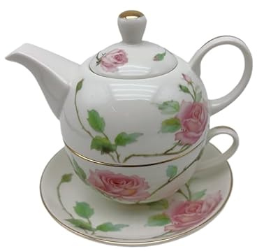 AHKALVTE Porcelain Tea for One Set Beautiful Flower Ceramic Teapot with Cup Gifted Box (Rose)