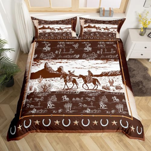 richhome Western Bedding Set Double Size Horse Cowboy Bedding Duvet Cover Set For Boys Men Kids Rustic Western Decor Country Wild West Down Comforter Cover Set Brown White Bedspread Cover