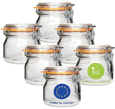 Lot de 6 bocaux de conservation de 500 ml avec couvercle – Bocaux à étrier métallique de qualité supérieure avec anneau en caoutchouc, hermétiques, idéaux pour la conservation, la fermentation, les