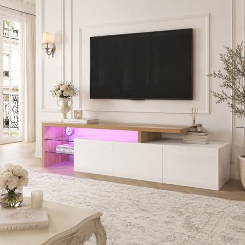 OLIVIBED TV Lowboard mit Stauraum, Fernsehtisch mit 3 Türen und Glasablage, TV Bank für Fernseher bis zu 85 Zoll, Fernseh Sideboard für Wohnzimmer, Weiß und Holzfarbe, 197.5x39x42cm