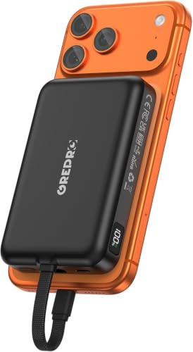 GREPRO Power Bank 10000mAh for Magsafe with a 22.5W C Cable LED Display | Magnetic Power Bank with USB-C Input & Output,Travel Essential,for iPhone 17/16/15/14/13/12 Series and AirPods