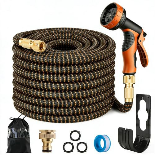 Expanding Garden Hose with 10-Pattern Spray Nozzle - 3-Fold Retractable Water Hose, Lightweight, Leak-Proof, Durable Triple-Layer Latex Core - Ideal for Watering, Car Washing & Pet Bathing (100FT)