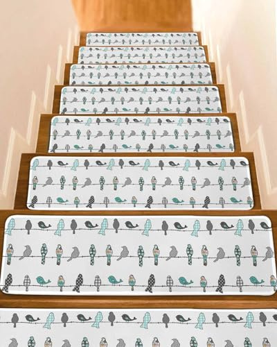 Stair Treads for Wooden Steps 10 Pack-8x30,Natural Flower Polka Dot Grid Birds Indoor Stair Runner Non Slip Carpet Mat Staircase Step Treads for Kids Elders and Pets,Cartoon Birdie on Lines