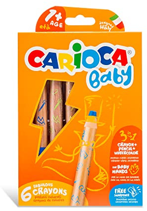 CARIOCA Baby Crayons 3in1, Pastelloni Colorati Super Lavabili per Bambini 3 in 1, Matite Colorate e Pastelli a Cera Acquerellabili, Colori Assortiti, 6 Pezzi