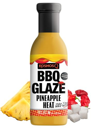 Kosmos Q Pineapple Heat BBQ Glaze, Sweet and Spicy Glaze for Ribs, Chicken, Pork, and Brisket, Thick Competition-Style BBQ Glaze with Real Pineapple and Scorpion Peppers, American Made, 15.5 Oz Bottle