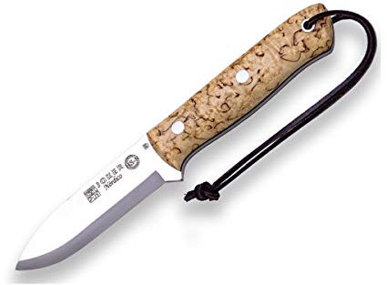 Joker Sport-Jagdmesser Nordico CL119-P, Griff aus lockigem Birkenholz und 10 cm Klinge aus Böhler K720 Kohlenstoffstahl, braune Lederscheide, Werkzeug zum Angeln, Jagen, Camping und Wandern