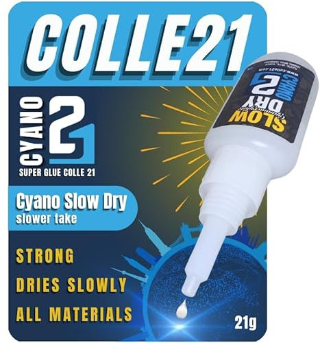 Super Glue Ciano SLOW DRY AMMO by Colle 21, flacone di Colla Ciano da 21 gr. Superglue Cianoacrilato Anaerobico per un incollaggio più lento, Colla per modellismo, Super Colla per bricolage.