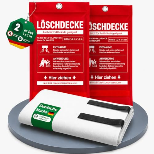 Brandengel® 2er Set Feuerlöschdecke 1x1 m – DIN EN 1869:2019 geprüfte Löschdecke für Fettbrand & Küche – Feuerdecke aus Glasfaser für Haushalt, Werkstatt, Auto, Grill & Camping