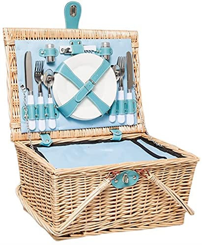 YRHH Picknickkorb, Tragbare Picknickkörbe Aus Weide, Outdoor-Korb Mit Isolierter Bestecktasche, Picknickkorb Mit Klappbaren Griffen Für 4 Personen, 42 * 32 * 22cm-Natural+Blue