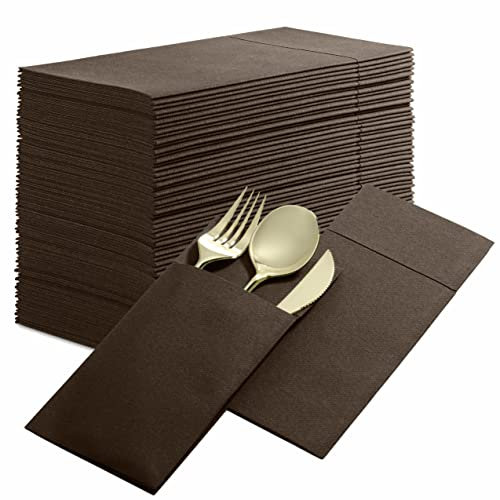 50-Pack Disposable Linen-Feel Dinner Napkins with Built-in Flatware Pocket, BROWN Prefolded Cloth Like Paper Napkins For Dinner, Wedding Or Party [Silverware NOT Included]