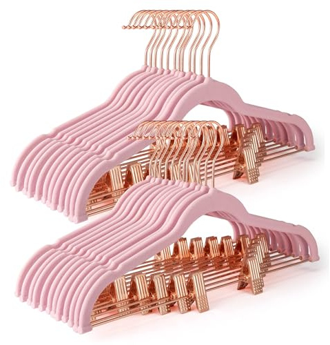 HOUSE DAY Velvet Skirt Hangers 24 Pack, Non Slip Pants Hangers with Rose Gold Clips, Ultra Thin Velvet Hanger Space Saving, Heavy-Duty Clothes Hanger for Trouser, Jeans, Dresses, Coats (Pink)