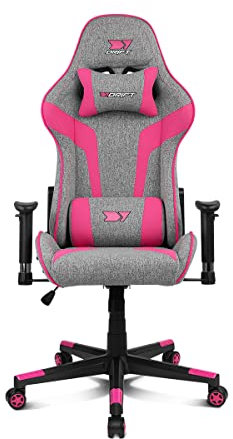 Drift Gaming DR90 – Silla gaming ergonómica con reposacabezas y lumbar, respaldo reclinable 135°, brazos 2D ajustables, tejido transpirable, base de nylon y pistón de gas clase 4 – Gris/Rosa