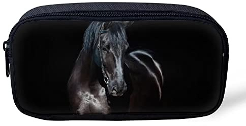 Binienty Robuste Federtasche für Kinder, Jungen, Mädchen, schwarzes Pferd, Tierdruck, Stifttasche für Schule, Büro