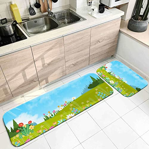 Banemi Küchenteppich Abwaschbar, Utdoor Teppich Mehrfarbig Cartoon Thema Hügel und Blumenmuster 50X80cm+50X160cm Heimtextilien