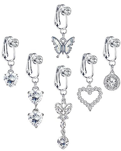 LOLIAS 6 Stück Clip On Bauchnabel Piercing Für Damen Chirurgenstahl Fake Belly Piercing mit Baumeln Herz Schmetterling Mond Dämon Böser Blick Falsch Bauchnabel Ringe Nicht Piercing Schmuck