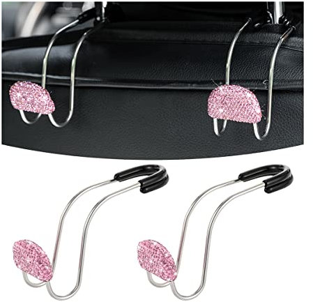 JNNJ 2 Pieces Bling Car Headrest Hook, Bling Backseat Organizer Hanger for Purse Clothes Grocery Bag, Rhinestones Auto Headrest Storage Holder, Car Seat Accessories for Most Vehicle(Pink)