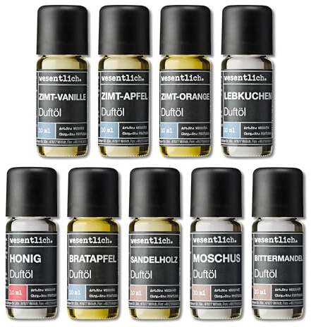 wesentlich. Duftöl Set - harmonische Duftkompositionen für Duftlampe, Diffuser und Kerzen – Zimt-Vanille, Zimt-Apfel, Zimt-Orange, Lebkuchen, Honig, Bratapfel, Sandalwood, Moschus, Bittermandel
