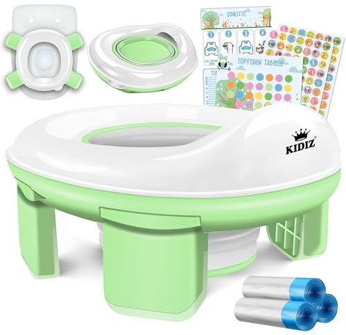 KIDIZ® Vasino per bambini con sedile per WC, comodo vasino, materiale PP con sacchetto della spazzatura, vasino per bambini per viaggiare e sistema di ricompensa con adesivi, soluzione 3 in 1