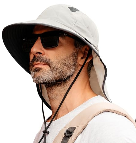 TOP-EX XL/XXL UPF 50 Sonnenhut Herren Damen Breite Krempe Sonnenschutzhut mit Nackenschutz Sonnenbrillenhalter Outdoor Safari Sommerhut Wasserdicht & Faltbar Beige M/L
