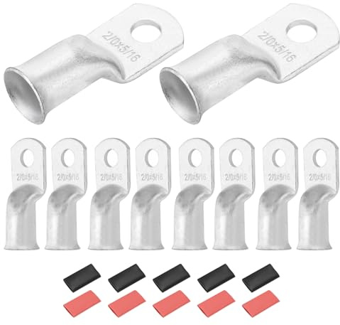 DMiotech 10 Pcs 2/0 AWG - 5/16 Tinned Copper Cable Lugs, Battery Cable Ends, Heavy Duty Copper Wire Lugs with 10pcs Heat Shrink Tubing for Electrical Projects, Silver