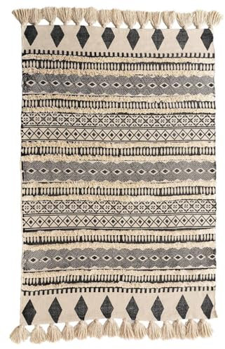 Home4You Handwebteppich Wohnzimmerteppich Webteppich - Baumwolle - Creme - Schwarz - mit Ethnomuster und Quasten - 90x160 cm