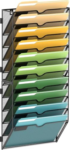 SUPEASY 10-Tier Wand Datei Organizer, Montage erforderlich, Hängende Zeitungshalter für Papier, Ordner, Zeitschriften, Wand Organizer für Zwischenablage, Schwarz
