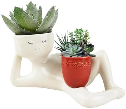 Pot de fleurs motif homme couché - Motif visage souriant - Cactus - Avec drainage - Figurine allongée - Pour intérieur et extérieur