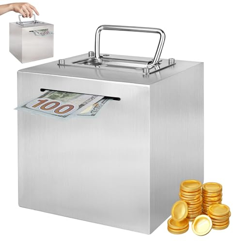 Trendecor Spardose Erwachsene Edelstahl, 15x15x15 cm Spardose mit Griff Schwer zu Öffnen Safe Sparschwein Metall zur Wiederverwendung Edelstahl Safe Sparbüchsen für Erwachsene